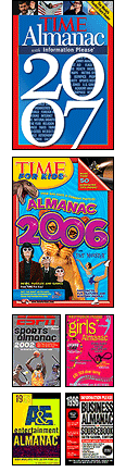 The 2003 TIME Almanac with Information Please, The 2004 Time for Kids Almanac with Fact Monster, and a collection of Information Please Almanacs through the ages.