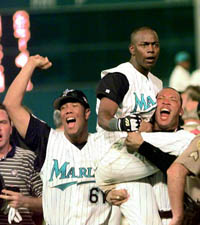 Florida Marlins celebrate a victory