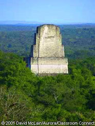 A Maya temple rises from the rainforests at Tikal.