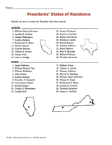 Presidents' States of Residence Crossword Puzzle
