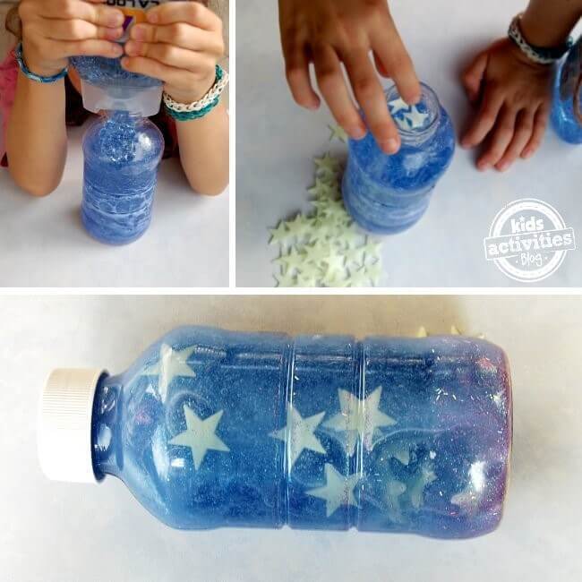 Bottle filled with blue glitter glue