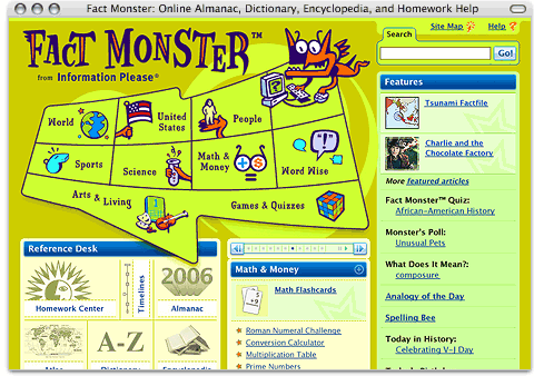 Screenshot of www.factmonster.com (Fact Monster Homepage)