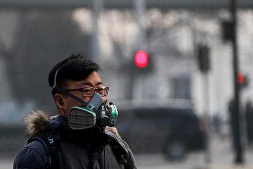 Image of a man wearing a smog mask in Beijing, China