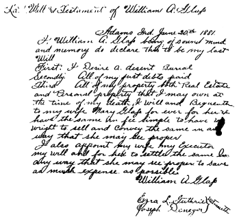 Will of William A. Glass. Note the blotch and how it is treated in the transcription in the next figure.