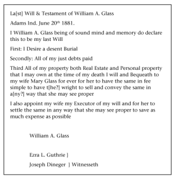 The brief will of William A. Glass, filed in Decatur County, Indiana.