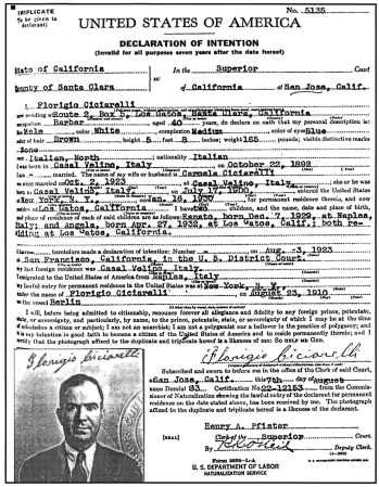 A Declaration of Intention form filed in 1933.