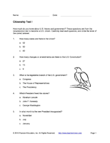 Citizenship Test I Printable (5th 12th Grade) TeacherVision com