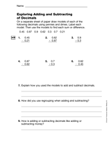 Exploring Adding and Subtracting of Decimals (Gr. 5) Printable (5th ...