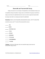 Renewable and Non-renewable Energy Worksheet - Science & the