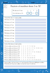 Factors of Numbers From 1-30 - Math Practice Worksheet (Grade 4