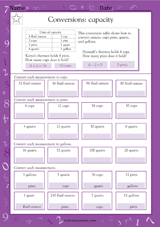 Teach students how to convert ounces, cups, pints, quarts, and gallons with the conversion chart in this measurement worksheet.