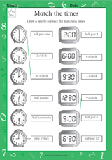 Match the Times - Math Practice Worksheet (Grade 1) - TeacherVision.com