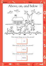 Above, On, and Below II - Kindergarten Math Practice Worksheet