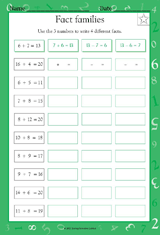 Fact Families up to 20 - Math Practice Worksheet (Grade 1
