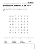 word search countries of the world printable 3rd 8th grade