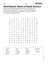 Word Search: Words of South America Printable (3rd - 8th Grade
