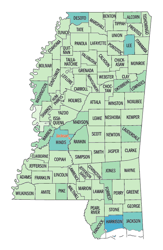 Mississippi: Persons per square mile, 2000